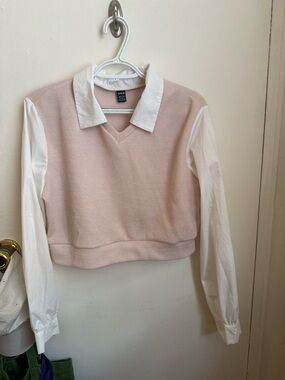 SHEIN Blush Pink Knit Sweater with White Shirt Trim